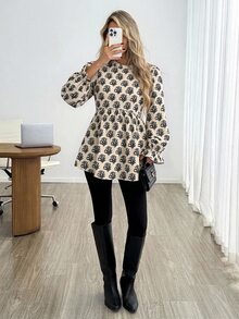 Easowa 女款休閒復古幾何花卉印花基礎襯衫，適合秋冬日常穿著 - 彩色 - 查看 2