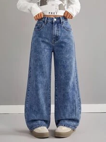 SHEIN Tween Girls Loose Wide Leg Denim Pants - Dark Wash - View 4