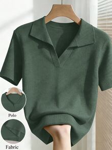 Franclia 女款夏季白色絲綢針織上衣，優雅傳統商務休閒辦公正式翻領短袖 Polo 襯衫，大尺碼簡約社交款 - 墨綠色 - 查看 1