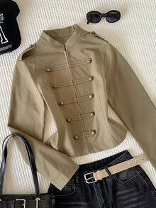Comfortcana Women's Long Sleeve Button-Up Solid Color Napoleon Military Jacket, Halloween - Army Green - View 4