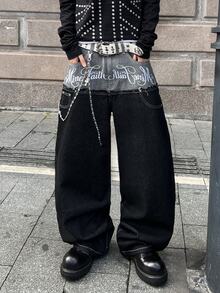 STEELVANCE Streetwear Retro Fashion Versatile Distressed Washed Contrast Rivet Patchwork Raw Hem Letter Embroidery Design Loose Straight Leg Wide Leg Casual Denim Jeans (Belt And Accessories Not Included) - Black - View 3