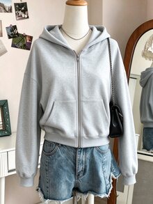 SHEIN Sparklyn 青少年女孩長袖抓絨內裡純色黑色夾克，萬聖節冬季風格，街頭穿搭寬鬆版型 - 灰色 - 查看 5