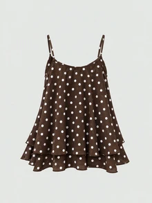 Sweetra CURVE Plus Size Woven Bamboo Brown Polka Dot Pure Cotton Double Layer Ruffle Versatile Commuter Camisole - Brown - View 2