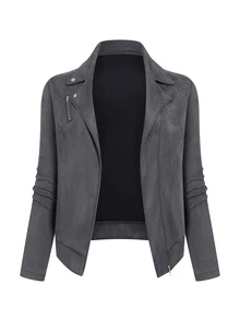 GlowEve CURVE Women's Plus Size Suede Lapel Zipper Front Casual Motorcycle Jacket - Grey - View 4