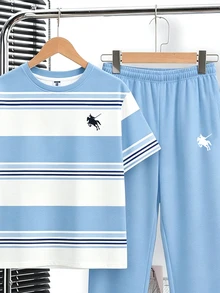 青少年男孩條紋拼色短袖T恤與慢跑褲套裝 - 彩色 - 查看 4