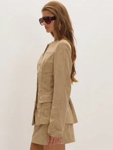 MUSEYN Beige Faux Suede Tailored Blazer Versatile Everyday Casual Chic Date Night New Season Fall - Khaki - View 3