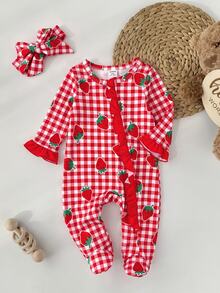 SHEIN Newborn Baby Cute Knitted Casual Cartoon Pattern Romper & Headband Set - Red and White - View 8