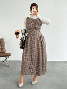 Firerie Plus Size Korean Style Plaid Pleated Vacation Dress Streetwear - Multicolor - View 1