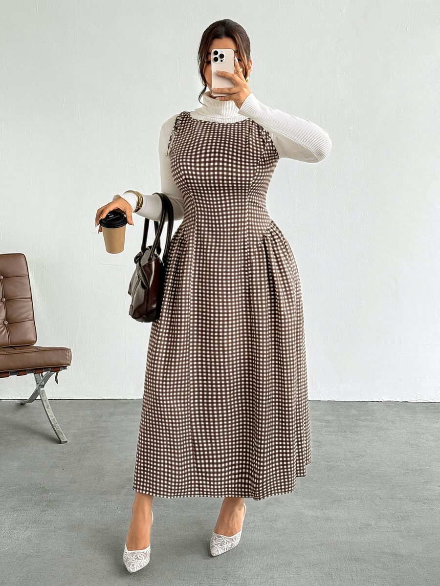 Firerie Plus Size Korean Style Plaid Pleated Vacation Dress Streetwear - Multicolor - View 1