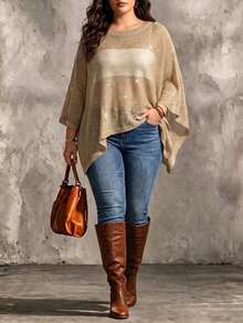 Linhara CURVE Plus Size Women's Spring/Summer/Autumn Asymmetrical High-Low Round Neck Cape Top, Atmosphere-Enhancing Shawl Outerwear, Suitable For Daily Commute, Outings, Dates, Parties And More - Khaki - View 5