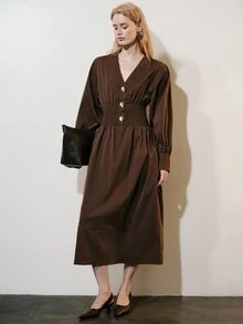 Aveloria Modichic Button Decor, Commuter Design Fashionable Elegant V-Neck Elastic Waist Versatile Long Dress - Coffee Brown - View 6
