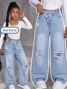SHEIN Genkimix Kids 青少年女孩破洞寬腿牛仔褲 不對稱腰頭 牛仔長褲 高街時尚 Y2K 風格 - 淺色水洗藍 - 查看 3