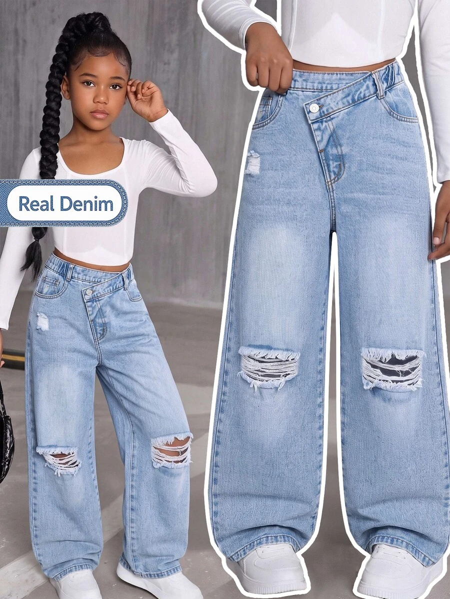 SHEIN Genkimix Kids Tween Girls' Ripped Wide Leg Jeans Asymmetrical Waist Denim Pants High Street Fashion Y2K Style - Light Wash - View 1