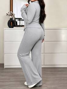 Easura Plus Size Women Solid Color Long Sleeve Top And Pants Casual Daily Set - Light Grey - View 2
