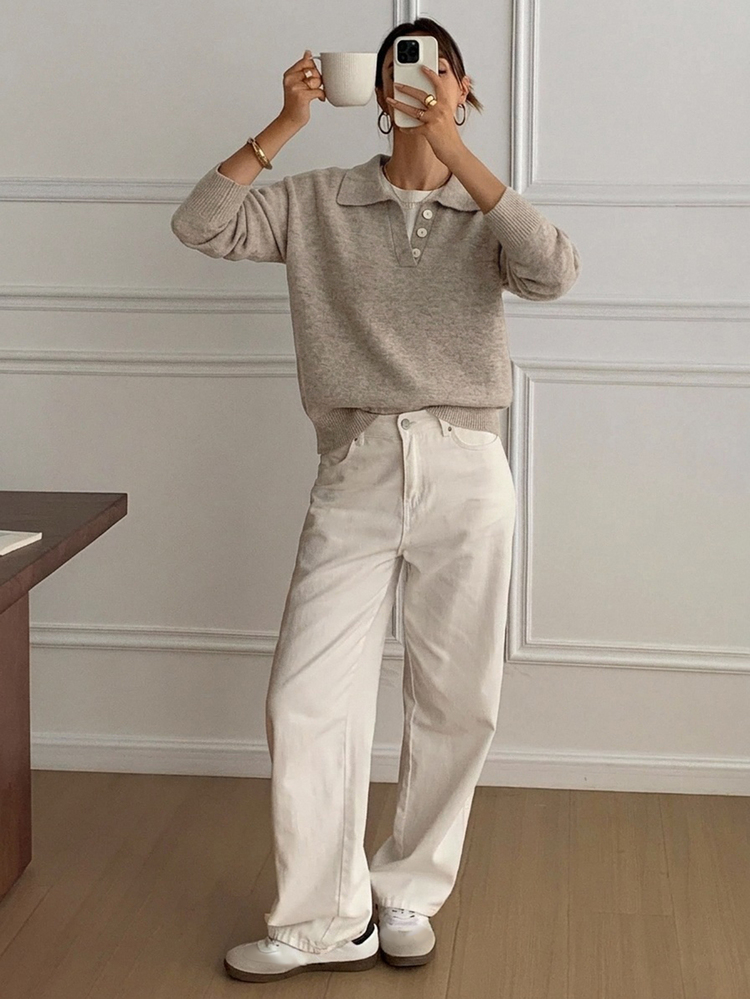 DAZY Slouchy Colorblock Henley Collar Top, 2 In 1 Soft Knit Sweater For Women - Khaki - View 6