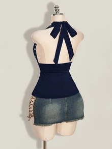 SHEIN ICON 萬聖節女性掛脖露背黑色與銀色娃娃裝背心，適合夜店、派對、夏季性感穿搭 - 藏蓝色 - 查看 6