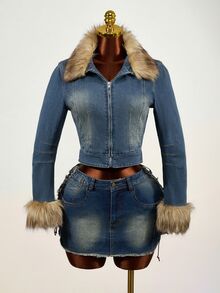 SHEIN Women's Plush Patchwork Zipper Casual Daily Denim Jacket - Dark Wash - View 4