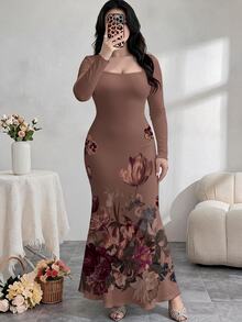 Modelyn Plus Size Women's Square Neck Long Sleeve Floral Print Fishtail Hem Elegant Dress - Multicolor - View 6