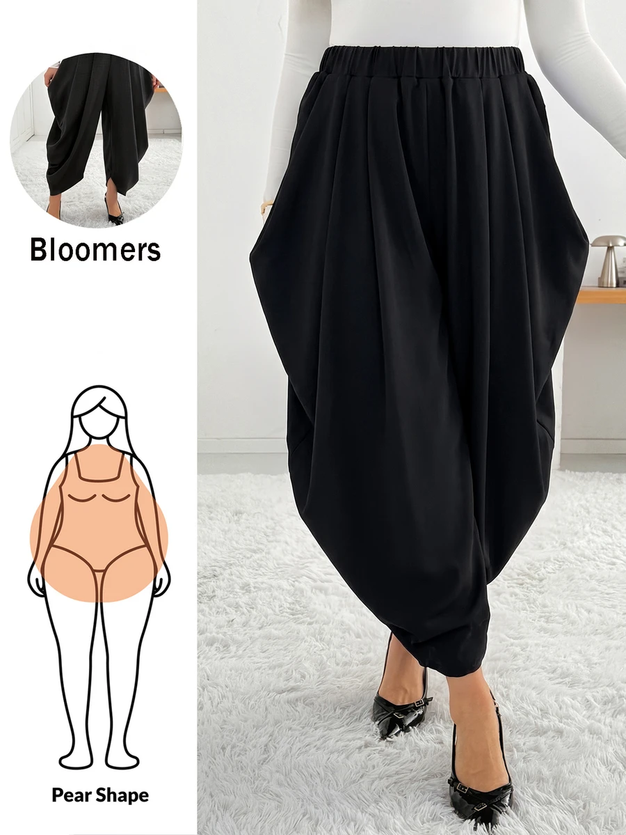 Shapeblank Women's Plus-Size Black Lantern Pants – Stylish, Casual, Loose-Fit, Stretchy, And Comfortable – Versatile Everyday All-Match For Spring & Autumn,Outfits - Black - View 1