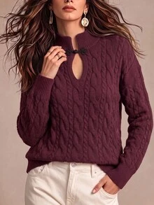 Wandoria Sweater Rajut Lengan Panjang Wanita Terbaru Musim Gugur, Model Satu Potong, Kerah Semi-Tinggi, Kancing Ruyi, Motif Tali Rami Klasik, Potongan Pas Badan, Serbaguna, Modis untuk Sehari-hari, Unik, dan Personal. - Burgundy - View 1