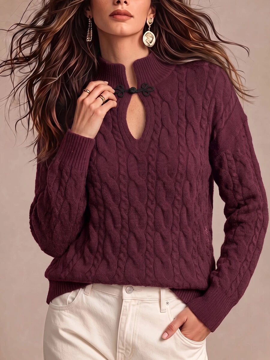 Wandoria Sweater Rajut Lengan Panjang Wanita Terbaru Musim Gugur, Model Satu Potong, Kerah Semi-Tinggi, Kancing Ruyi, Motif Tali Rami Klasik, Potongan Pas Badan, Serbaguna, Modis untuk Sehari-hari, Unik, dan Personal. - Burgundy - View 1