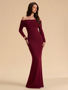 SHEIN BAE Women's Solid Burgundy Off-Shoulder Backless Dress With Extra Long Bow Decor, Christmas, Halloween - Burgundy - View 6
