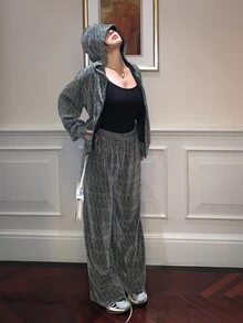 DAZY Women's Shiny Zipper Hooded Sweatshirt And Pants Casual 2 Pieces Set - Grey - View 6