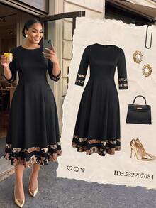 SHEIN Lady CURVE Plus Size Elegant Traditional Commuter Maple Leaf Pattern Patchwork Dress - Suitable For Teacher's Day, Formal Office And Cocktail Party (Black Summer Style) - Black - View 5