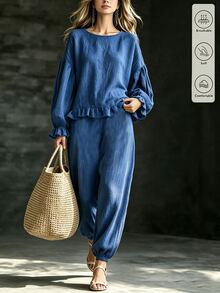Linhara CURVE Plus Size Women 2 Pieces Boho Set, Round Neck Ruffle Hem Lantern Sleeve Top, Elastic Cuff Pants, Textured Solid Dusty Blue Brunch Vacation Fall - Blue - View 1