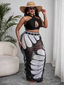 Slaydiva Plus Size Women Summer Beach Solid Color Halter Sexy Bikini And Triangle Bottom Two-Piece Swimsuit Set With Skirt - Black and White - View 3