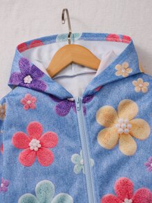SHEIN 秋冬女款連帽拉鍊夾克外套，街頭風圖案休閒混搭衛衣，長袖抓絨針織面料，校園灰秋季服飾 - 藍色 - 查看 3