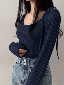DAZY 女款春夏/秋冬休閒羅紋針織繫帶不對稱肩偽兩件式T恤 - 紅色 - 查看 3