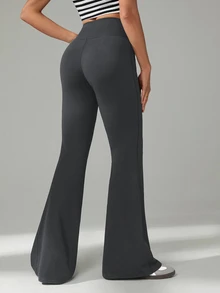 SHEIN Tall 女款高腰純色修身喇叭褲，時尚百搭 - 灰色 - 查看 2
