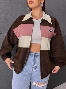 SHEIN EZwear Plus Size Color Block Zip-Up Jacket, Autumn/Winter Color Block Jacket Women Jacket Corduroy Jacket Cropped Jacket Y2k Jacket - Brown - View 4