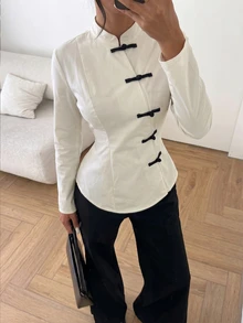 Modelyn Women's Chinese Style Stand Collar Black And White Checkered Contrast Color Frog Button Long Sleeve Shirt, Autumn Fall/Winter Brunch Elegant - White - View 8