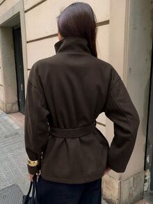 Aloruh Minimalist Commuter Versatile Plum Purple Lace-Up Stand Collar 2-In-1 Fitted Waist Long Sleeve Short Overcoat For Women - Coffee Brown - View 2