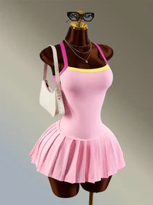 Amplova Women's Exposed Seam Design Patchwork Contrast Color Sporty Pleated Cami Dress Pink And Yellow Tennis Daily Fashion Workout Gym Going Out Casual - Pink - View 6