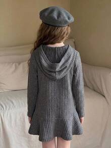 Hapijoa Young Girl) Grey Hooded Long Sleeve Knit Casual Dress - Dark Grey - View 2