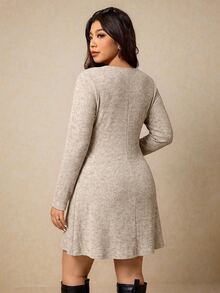 Elaquor Plus Size Women's V-Neck Solid Color Fashion Casual Dress - Apricot - View 2