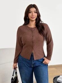 Shapeblank 女款大尺碼棕色長袖前開扣開襟衫，時尚休閒彈性保暖舒適，適合秋冬穿搭，Curve Tops 秋季造型 - 棕色 - 查看 2