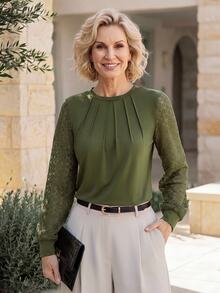 Miaspire Middle-Aged Women Solid Color Long Sleeve Lace Decor Top Elegant Classic Comfortable Daily - Army Green - View 1