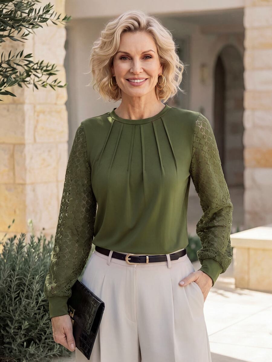 Miaspire Middle-Aged Women Solid Color Long Sleeve Lace Decor Top Elegant Classic Comfortable Daily - Army Green - View 1