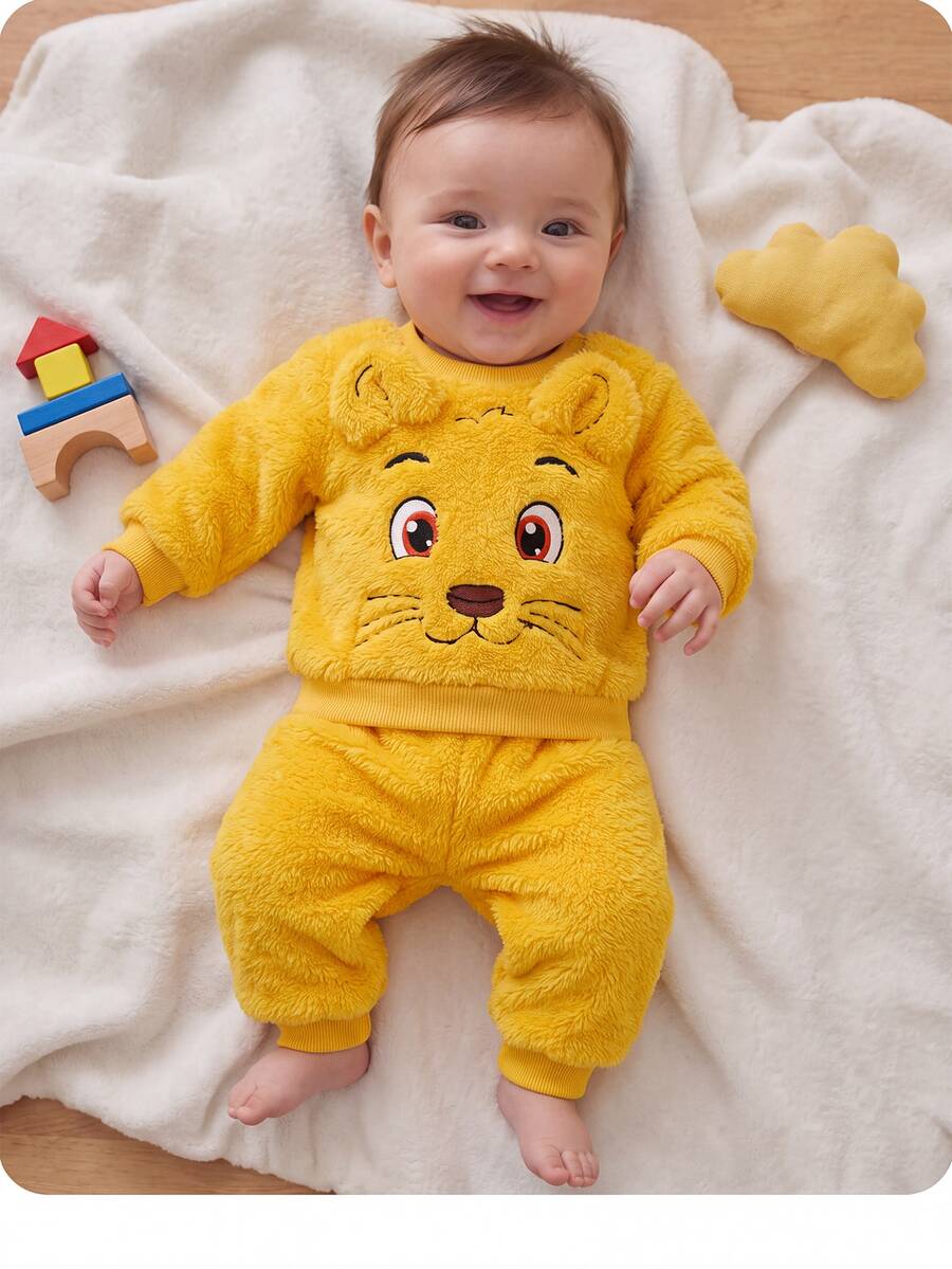 Newborn Cute Yellow Fluffy Embroidered Cartoon Pattern Sweatshirt And Elastic Waist Long Pants Set - Yellow - View 1