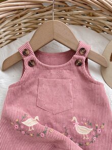 SHEIN 新生女嬰可愛紅色休閒卡通刺繡圖案秋冬洋裝 - 藕粉色 - 查看 5