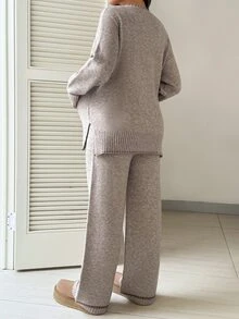 SHEIN Maternity Crew Neck Sweater & Pants Casual Fashion Set - Khaki - View 2