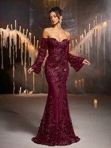 Glamrae Burgundy Cold Shoulder Deep V-Neck Sequin 3D Floral Applique Sheer Mesh Mermaid Long Dress, Long Bell Sleeves Formal Evening Gown, Suitable For Prom, Evening Party, Wedding And Party - Burgundy - View 7