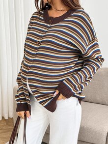 SHEIN Maternity Vintage Striped Colorblock Button Long Sleeve Sweater - Multicolor - View 6
