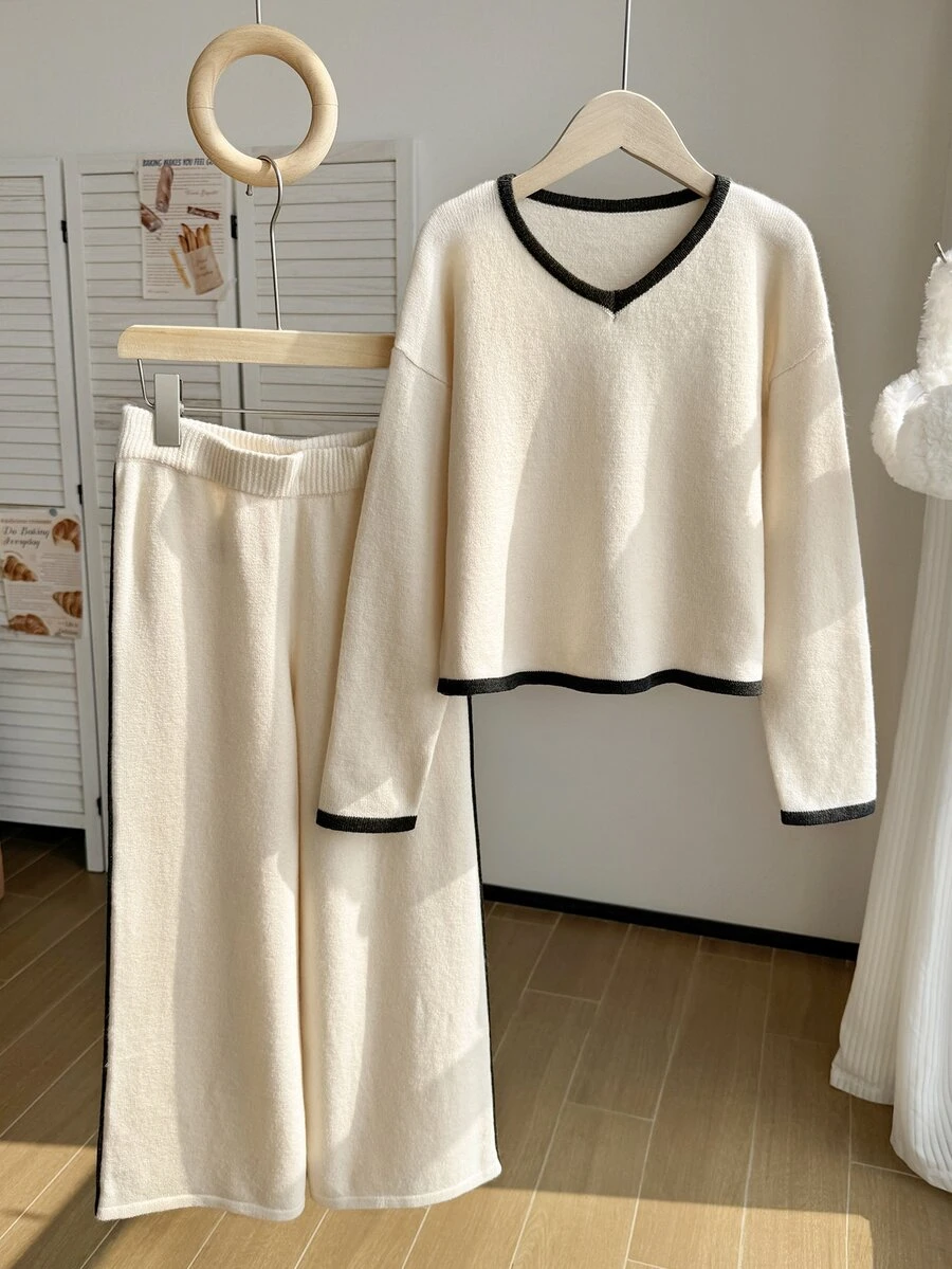 Girls' Autumn/Winter Fashion Heart Pattern Jacquard Knit Sweater Long Sleeve Top & Long Pants Set - Beige - View 1