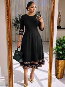 SHEIN Lady CURVE Plus Size Elegant Traditional Commuter Maple Leaf Pattern Patchwork Dress - Suitable For Teacher's Day, Formal Office And Cocktail Party (Black Summer Style) - Black - View 7
