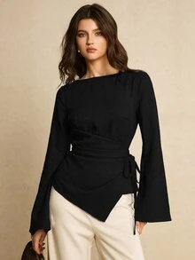 Poéselle 女款純色露肩船領喇叭袖上衣，側綁帶不對稱下擺襯衫，秋冬休閒通勤職場穿搭，萬聖節造型 - 黑色 - 查看 5